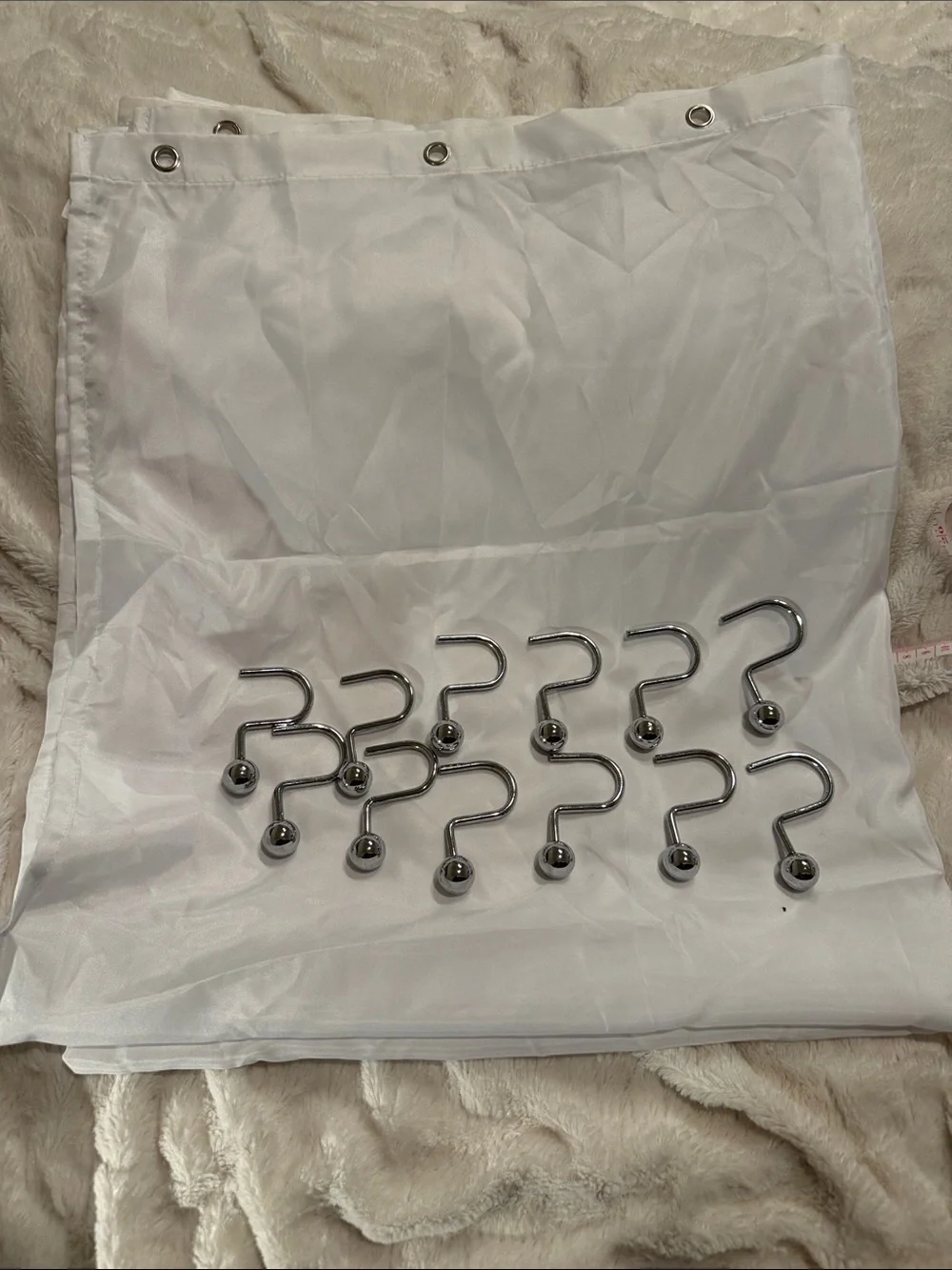 Source Unknown White Shower Curtain with Silver Hooks